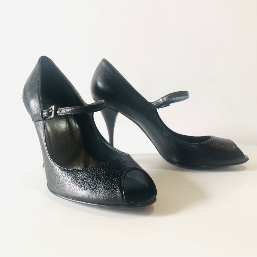 Stuart Weitzman Women's Black Leather Peep Open Toe Shoe Mary Jane Pump Size 7.5